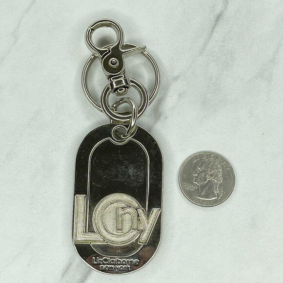 Liz Claiborne Silver Tone Chunky Logo Bag Charm Keyring Keychain - Picture 1 of 6
